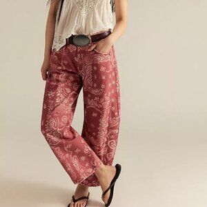 We The Free Good Luck Printed Barrel Jeans Color: Rust Combo - Bandana Block